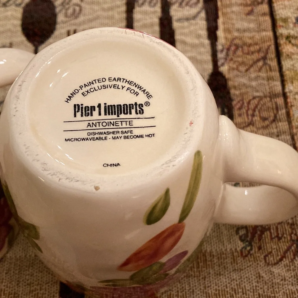 Pier 1 Imports Antoinette Floral Cream Hand Painted Earthenware Mugs (2)
